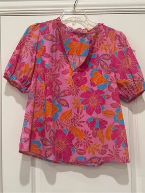 Sugarlips Pink Floral Ruffle V-Neck Puff Sleeve Blouse